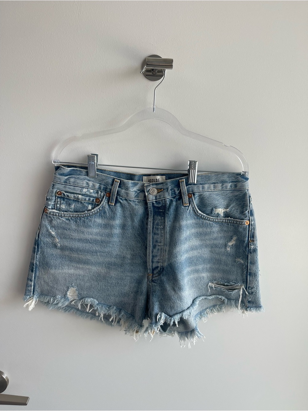 AGOLDE Light Blue Distressed Denim Shorts